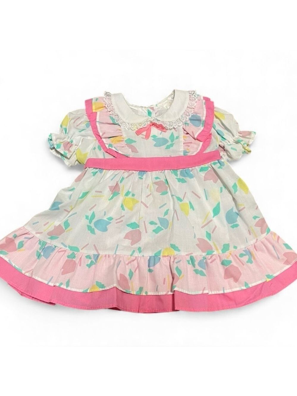 Vintage Baby Girl Cotton Dress 80s 90s Sears 1yr 26lb Floral Peter Pan Collar